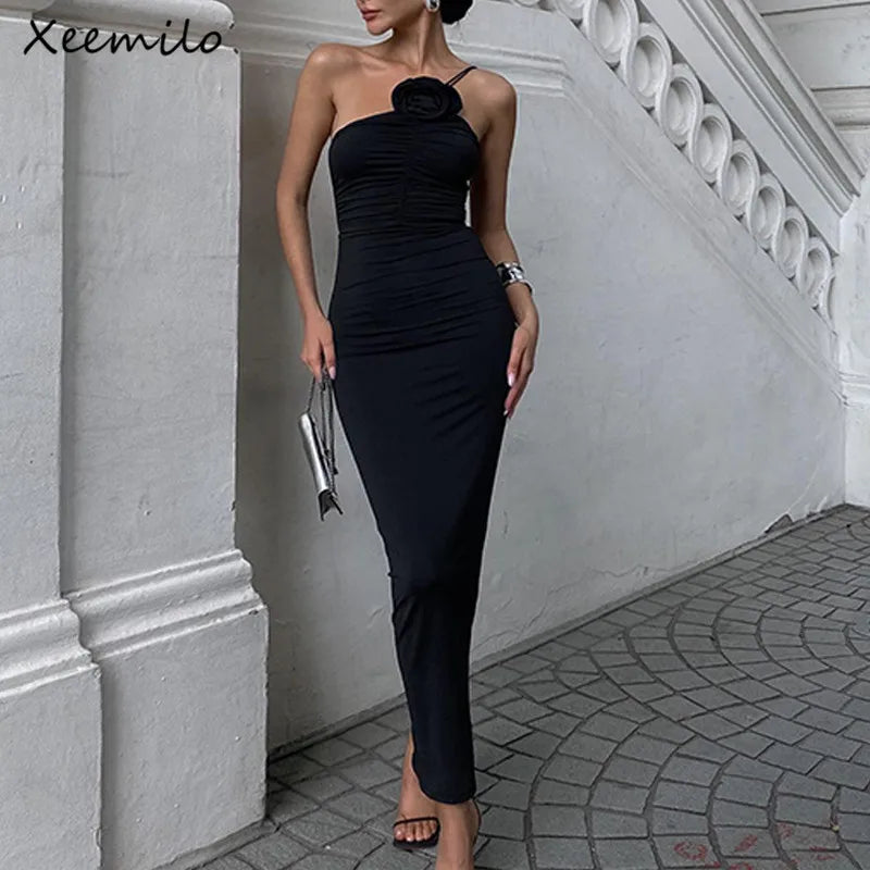 WhereMery Elegant Women Solid Sleeveless Slim Dress Aesthetic Oblique Strap Backless Prom Dresses Fashion Evening Party Clothing - Smarsty