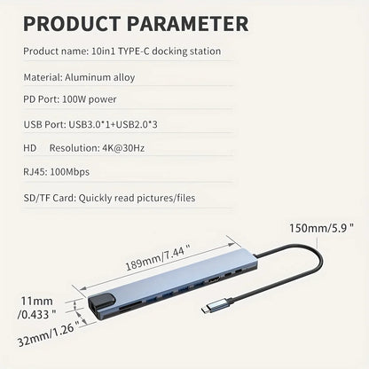 USB C Hub 4K30Hz Dock With HDMI RJ45 Ethernet PD100W