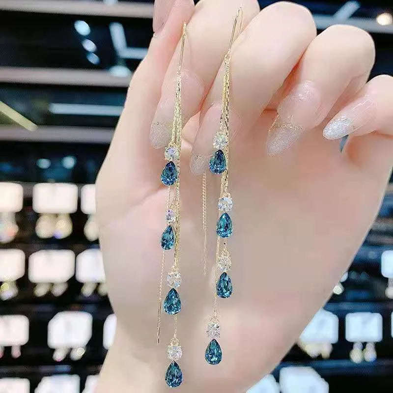 Luxury Green Zircon Drop Earrings with Long Tassel Design - Smarsty