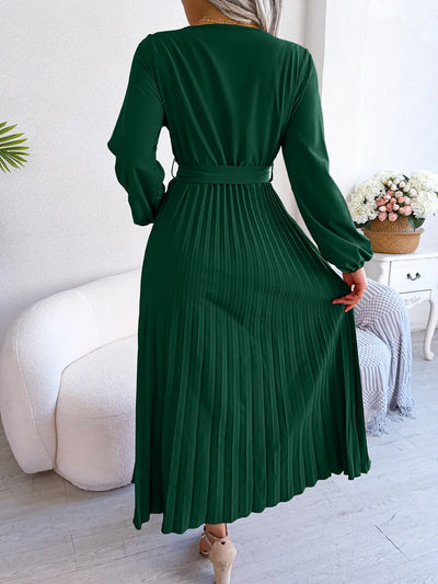 Women Elegant V Neck Long Sleeve Pleated Maxi Dress - Smarsty