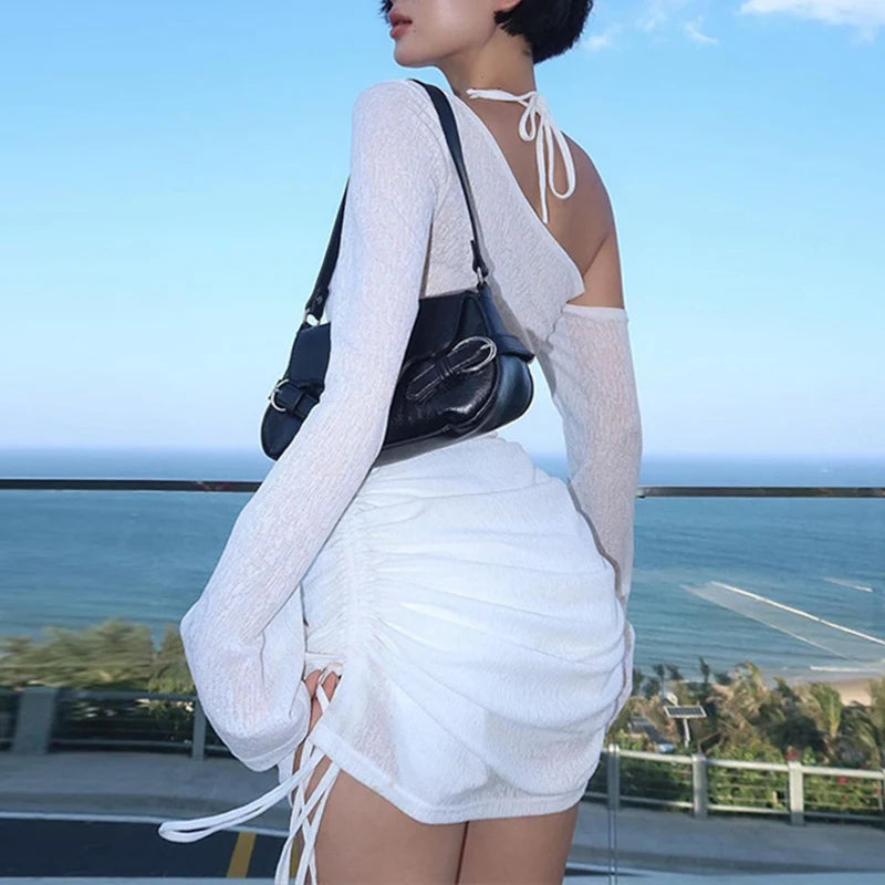 ALLNeon Fairycore White Perspective Oblique Shoulder Long Sleeve Mini Dress Hotsweet Shirring Hipster Dresses Sexy Clubwear Y2K - Smarsty