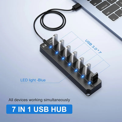 USB 3.0 Hub 7 Port High Speed Powered Switch Cable - Smarsty