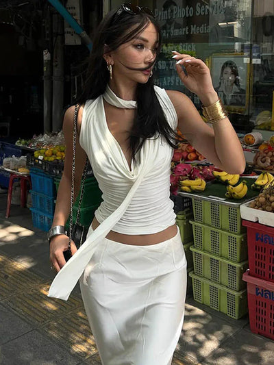 Solid Tank Summer New Women Sexy Sleeveless V-Neck Lady Top Fashion Bandage Streetwear Casual Slim Tank Elegant Knitted Clothing - Smarsty