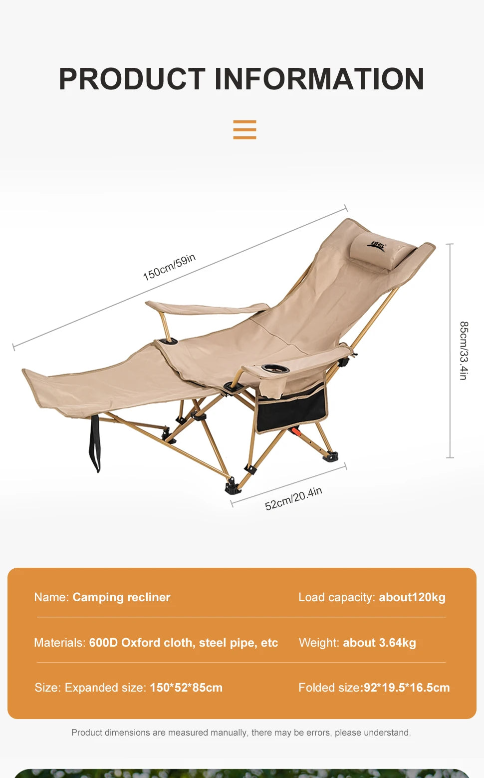 WESTTUNE 2-in-1 Reclining Camping Chair Lightweight Folding Camping Lounge Chair with Adjustable Backrest & Footrest for Beach