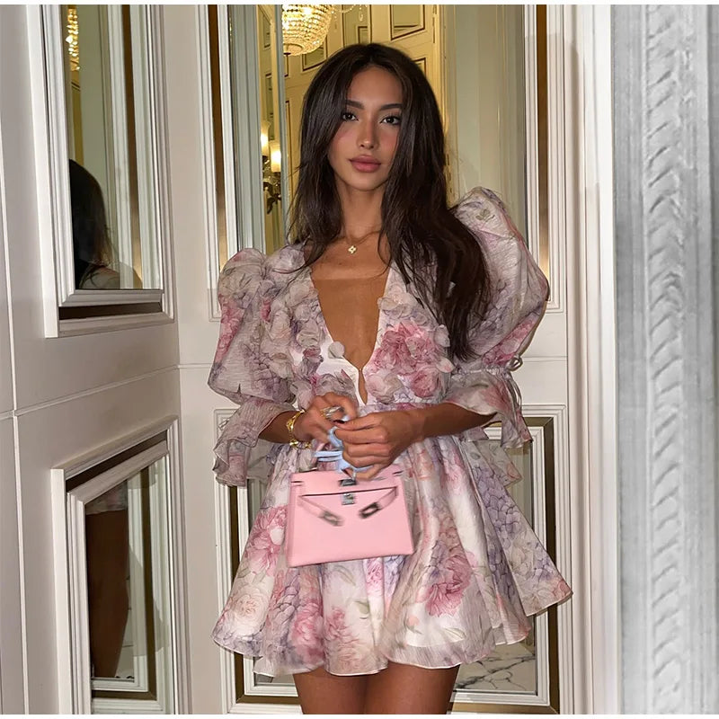 Women Mesh Patchwork Flower Print Mini Dress Elegant V-neck Short Sleeve High Waist A-line Dresses 2025 New High Street Vestidos - Smarsty