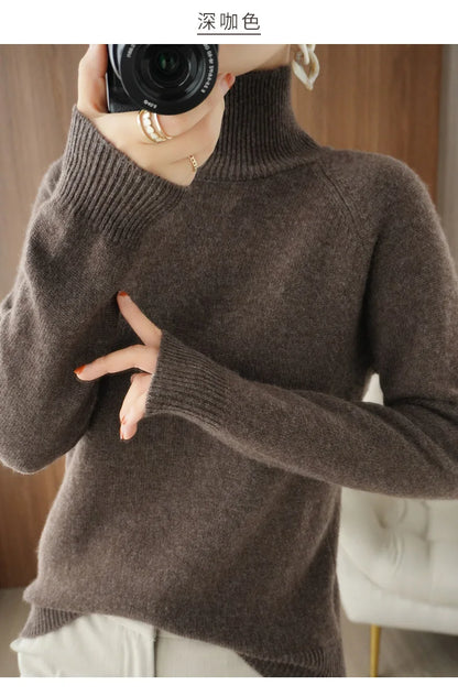 Fashion Basic Autumn Winter  Merino Wool Sweater Mock Neck Cashmere Pullover  Solid Color Soft Long Sleeve Clothing Tops - Smarsty