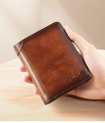 Men Wallet Genuine Leather Rfid Blocking Trifold Wallet Vintage Thin Short Multi Function ID Credit Card Holder Male Purse Money - Smarsty