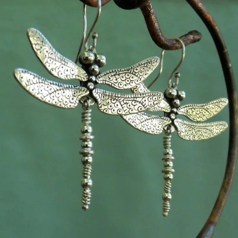 Vintage Dragonfly Dangle Earrings for Women in Silver Color - Smarsty