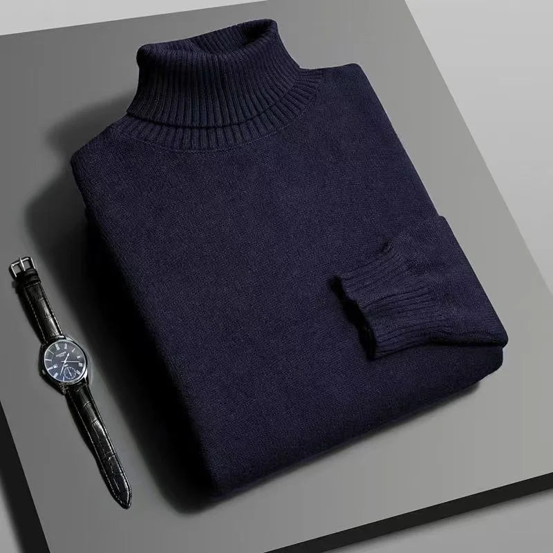 Autumn Mens High Quality Knitted Turtleneck Sweater Slim Fit Long Sleeve Anti-pilling Pullover Solid Color Trend Men Streetwea - Smarsty