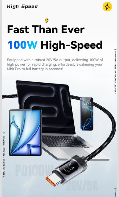 Essager Digital Dispaly USB C Cable For iPhone 17 16 15 Xiaomi Huawei 100W PD Fast Charging For Macbook iPad Type C to C Cable - Smarsty