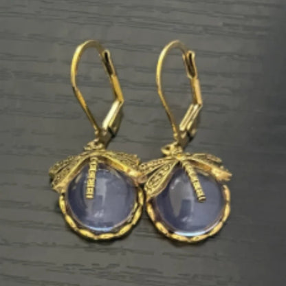 Vintage Dragonfly Drop Earrings with Moonstone Inlaid Design - Smarsty