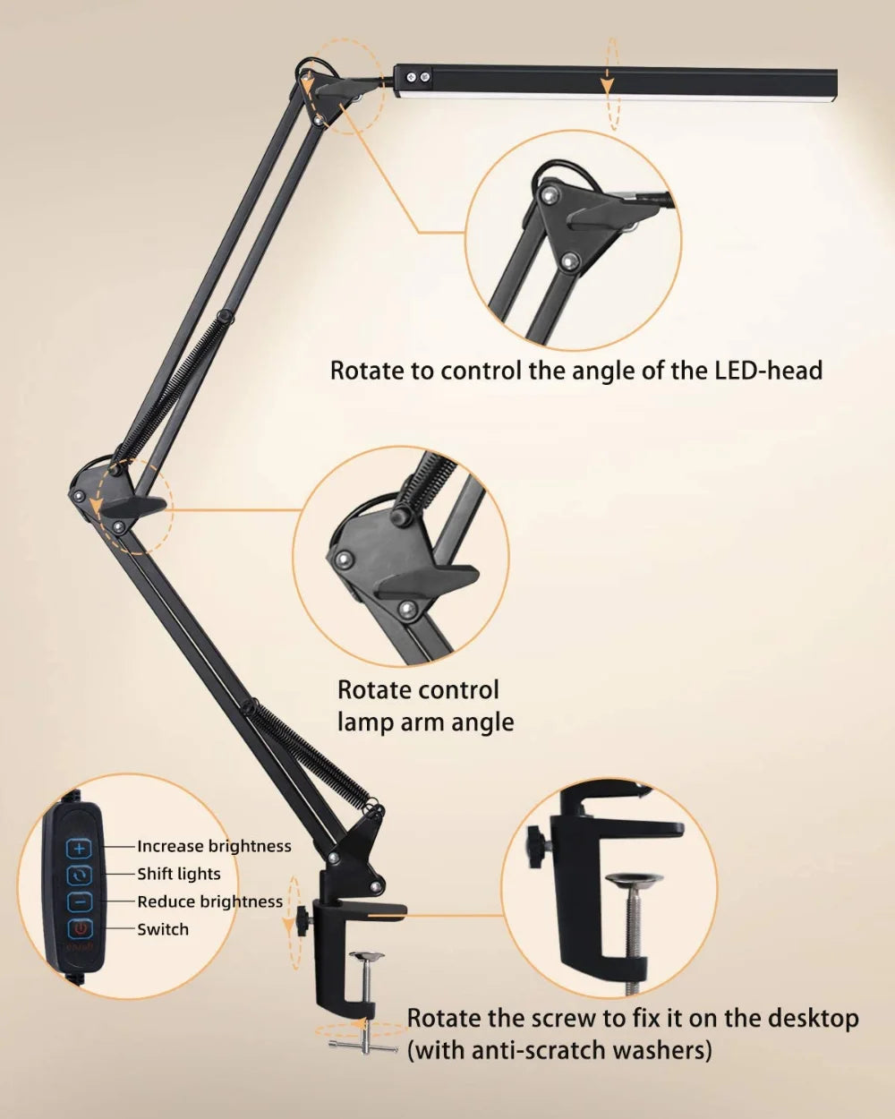 LED Desk Lamp with Clamp and Dimmable Light - Smarsty