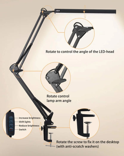 LED Desk Lamp with Clamp and Dimmable Light - Smarsty