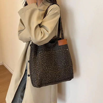 Leopard Pattern Tote Bag Vintage Canvas With Large Capacity - Smarsty