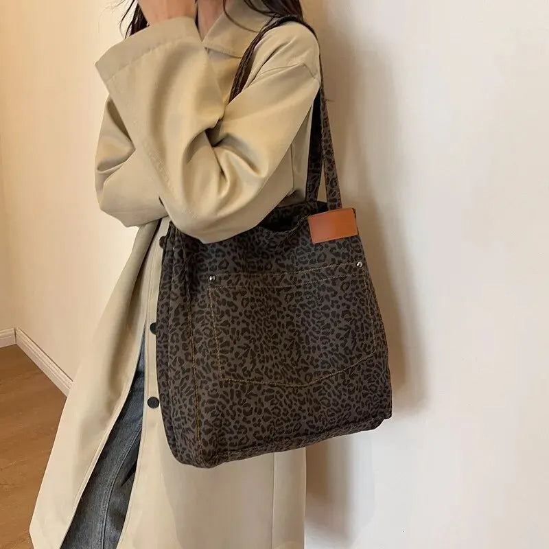 Leopard Pattern Tote Bag Vintage Canvas With Large Capacity - Smarsty