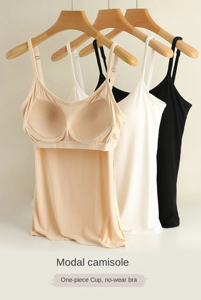 M-3XL For 35-85kg Modal Plus Size Camisole Tank Top With Fixed Cup Women's Chest Padded Outer Wear Bottoming Underwear Wear-Free - Smarsty