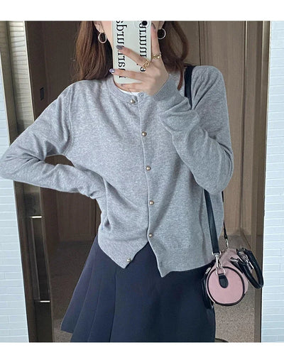 Solid Color Knitted for Women Cardigan Korean Single Breasted Long Sleeve Jumper Woman Round Neck All Match Cardigans Outwear - Smarsty