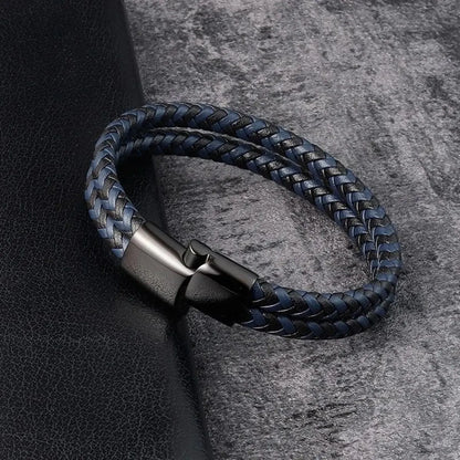 Mens Braided Leather Bracelet Double Band Bangle - Smarsty
