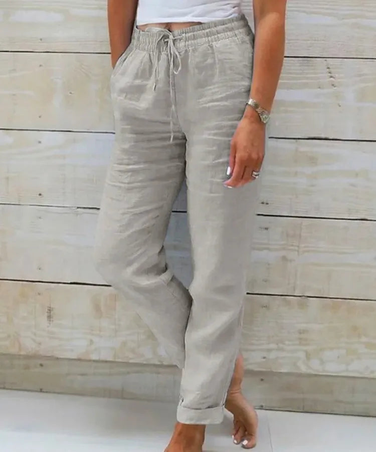 Summer Cotton Linen Pants For Women High Waist Elastic Sweatpant 2025 Loose Pencil Pant Casual Streetwear Solid Pocket Trousers - Smarsty