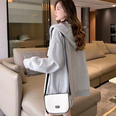 Women Embroidery Print Sporty Chic Hoodies Casual Zip Up Long Sleeve Loose Jacket Coats Harajuku Hooded Sweatshirts Streetwear - Smarsty