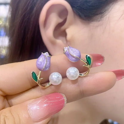 Elegant Rose Stud Earrings With Imitation Pearl Pink Tulip - Smarsty