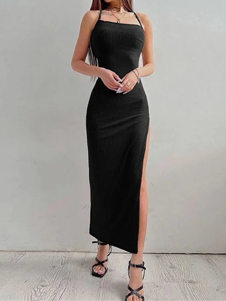 Sexy Black Long Bodycon Dress Women Summer Sleeveless Blackless Halter Neck Spaghetti Strap Dresses High Split Vestidos - Smarsty