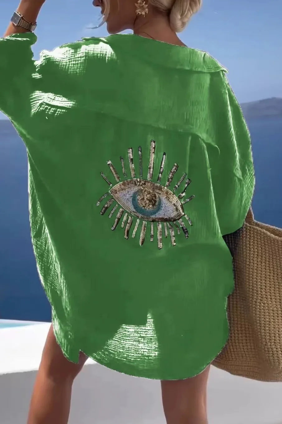 Casual Bright Sequin Evil Eye Shirt Women Summer Fashion Long Sleeve Loose Long Blouse Streetwear Turn-down Collar Cotton Tops - Smarsty