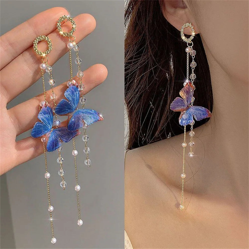 Luxury Women’s Zircon Crystal Pearl Butterfly Tassel Earrings - Smarsty