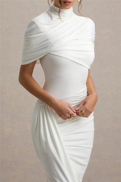 Mozision Half Sleeve Backless Ruched Sexy Maxi Dress Women Summer New Turtleneck Slim High Waist Evening Club Party Long Dress - Smarsty