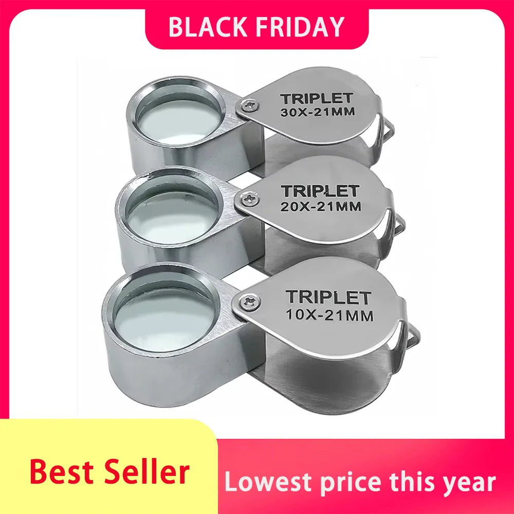 10-30X Pocket Loupe Magnifier Jewelry Magnifying Glass Foldable Diamond Lupa Triplet Jewelers Eye Glass Tool Reading Magnifier