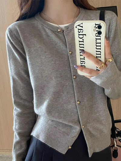 Solid Color Knitted for Women Cardigan Korean Single Breasted Long Sleeve Jumper Woman Round Neck All Match Cardigans Outwear - Smarsty
