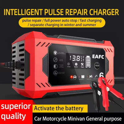 Car Battery Charger 12V 6A Intelligent Fast Charging Pulse Repair Type Full Auto-Stop Dual-Mode Lead Acid for Motorcycle Truck - Smarsty