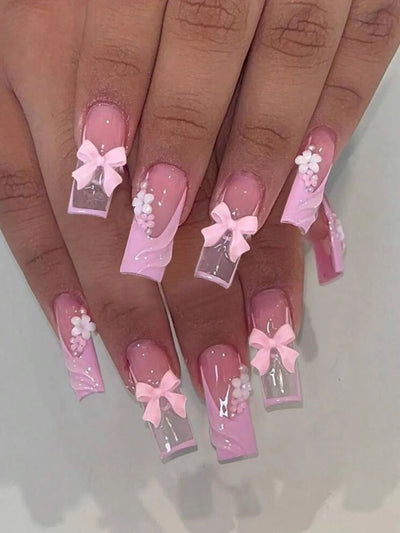 Pink Bowknot Stiletto Press On Nails 24PCS Full Cover - Smarsty