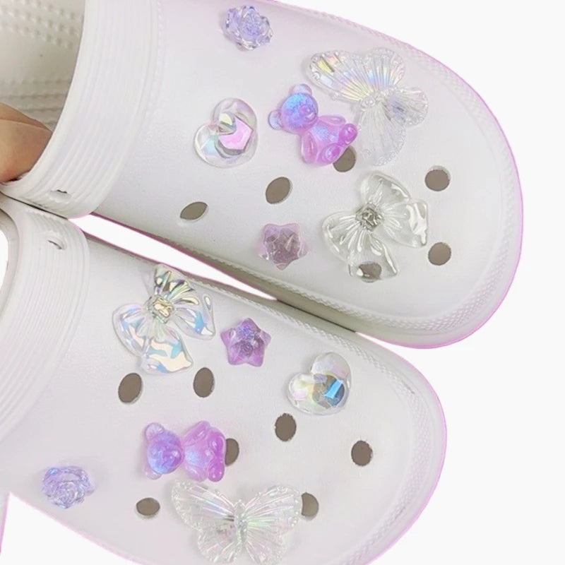 12PCS Fashion Shoe Charms Set Accessories Hole Shoe Buckle Transparent Butterfly Bear Crystal Heart DIY 3D Shoes Decorations