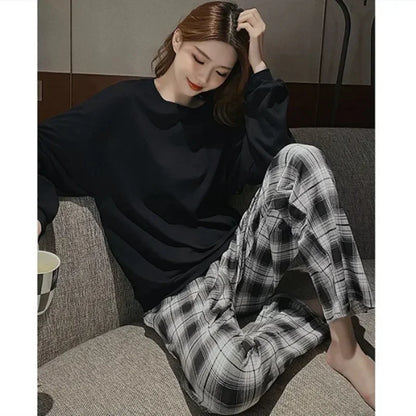 2PCS/Set Women Big Size with Chest Pads Pajamas Spring Autumn and Winter Long-Sleeved Headset Loose Homewear Can Be Worn Outside - Smarsty