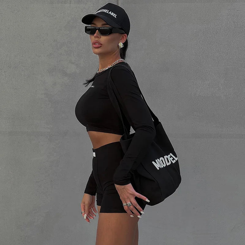 European and American Spring/Summer Round Neck Long Short sleeved 3/4 Shorts Two piece Women's Fashion Sports Versatile Set - Smarsty