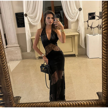 Elegant Lace Halter Dress Women Slim V-neck Backless Evening Long Dresses Woman Sleeveless Vintage Party Robe Lady Spring Summer - Smarsty