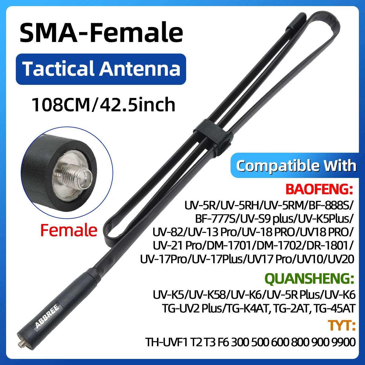 ABBREE CS Tactical Antenna SMA-Female Dual Band VHF UHF 144/430Mhz Foldable For Walkie Talkie Baofeng UV-21 UV-5R QuanSheng K5 - Smarsty