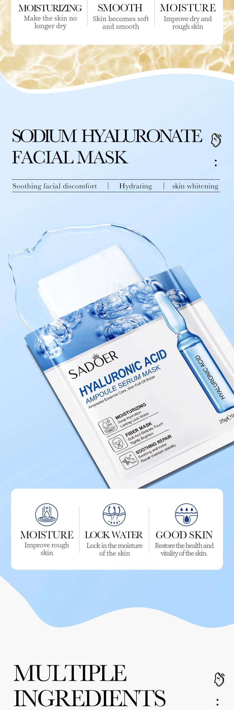 15pcs 24K Gold Hyaluronic Acid Face Masks for Hydration and Brightening - Smarsty