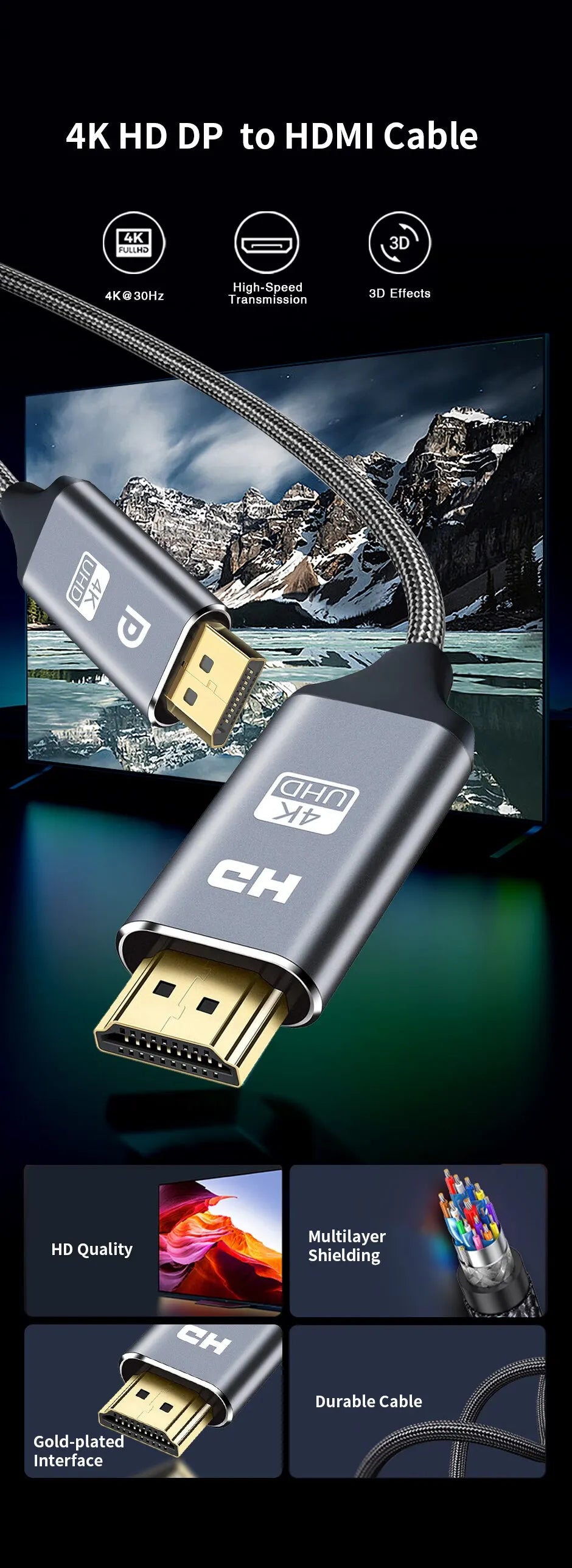 DisplayPort to HDMI Cable 4K Video and Audio - Smarsty