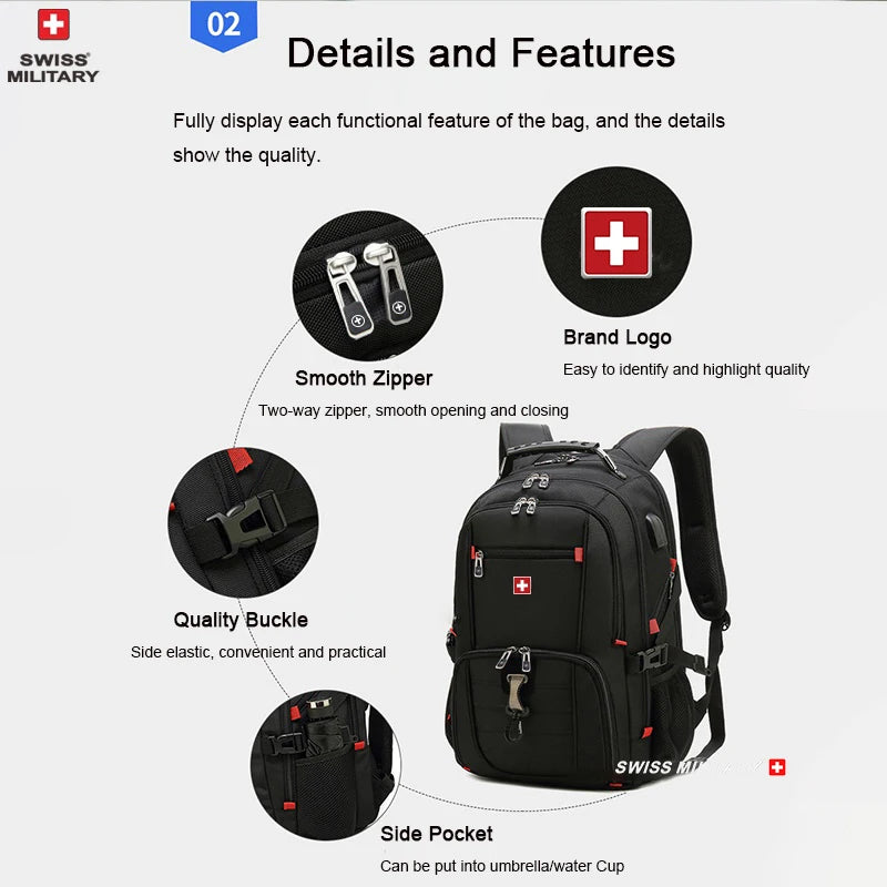 SWISS MILITARY Fashion Travel Multifunction Large Capacity Male Bag Usb Charging Waterproof 23 inch Laptop Backpack Men Mochila - Smarsty
