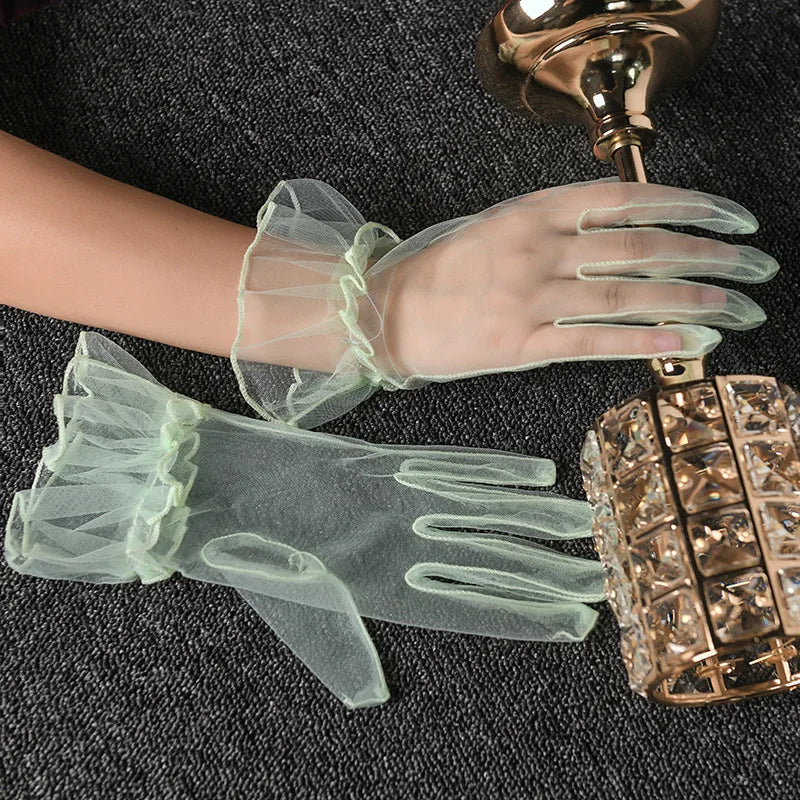 Women Lace Tulle Gloves Stretchy Full Finger Wedding Gloves - Smarsty