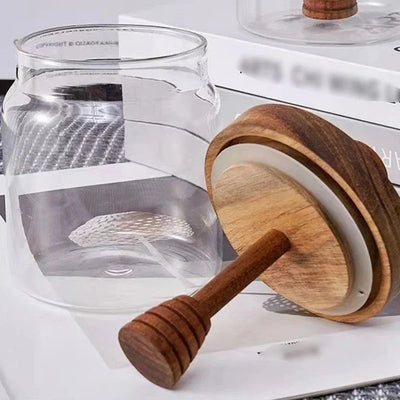 Honey Jar High Borosilicate Glass Sealed Tank Mixing Rod with Wooden Cover Transparent Honey Bottle Kitchen Storage Containers by Smarsty