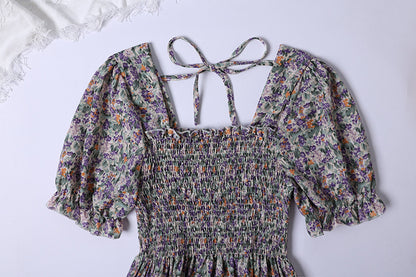 Summer Pleated Women Chiffon Dresses Casual Beach Holiday Short Sleeve Square Collar Woman Midi Dress Bohemian Mujer Vestidos - Smarsty