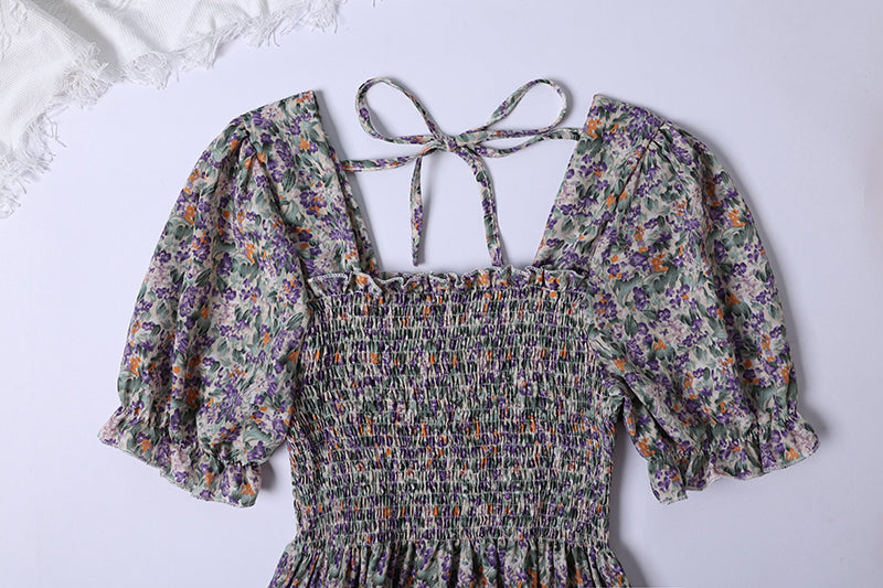 Summer Pleated Women Chiffon Dresses Casual Beach Holiday Short Sleeve Square Collar Woman Midi Dress Bohemian Mujer Vestidos - Smarsty