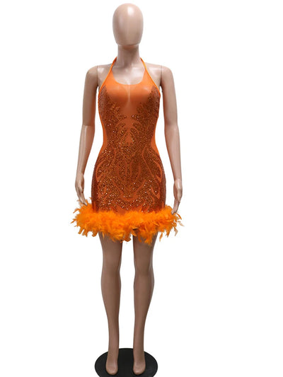Beyprern Beautiful Mesh Sequin Feather Glam Dress Luxury Woman Party Dress Glitter Sleeveless Night Out Dresses Birthday Outfits - Smarsty