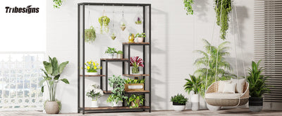 Tribesigns 5 Tiers Tall Indoor Plant Stand 70.9 inches Large Metal Plant Shelf with 10 PC S Hanging Hooks for Garden - Smarsty