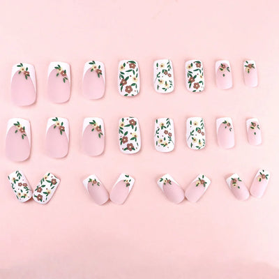 24 Piece Set Medium Long Press On Nails with Peach Flower Design - Smarsty