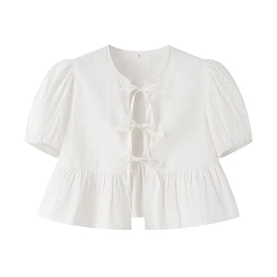 MUJER Ruffle Blouses Woman Puff Sleeve Shirts and Blouses for Women White Black Ruched Crop Top Female Ruched Women's Blouse - Smarsty