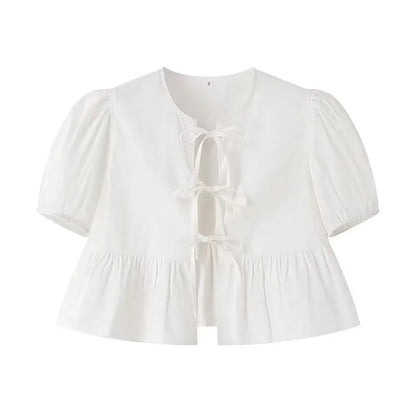 MUJER Ruffle Blouses Woman Puff Sleeve Shirts and Blouses for Women White Black Ruched Crop Top Female Ruched Women's Blouse - Smarsty